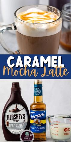 caramel mocha latte with ingredients to make it