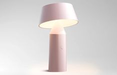 a pink lamp with a white shade on it