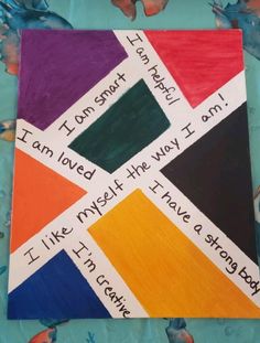 a colorful painting with words written on it