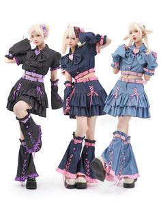 An attractive idol setup that can be used as stage costume.  With gorgeous styling, the denim fabric and bright accent colors are cute.  Wear this item and captivate your audience.            <Color>  ・Light blue (pink strap) ・Dark blue (Rose red belt) ・Black (purple belt)   <Item>   This product is a set of the following 4 items.  ・Tops ・Skirts ・Arm covers ・Leg covers             <Material>         ·polyester                       <Model worn>     Wearing size     M size      model dimension Outfit Reference, Ayam Bakar, Oc Design, Purple Belt, Fashion Japanese, 일본 패션, Campus Style, Red Belt, Stage Costume