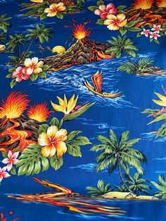 a blue background with tropical flowers and palm trees