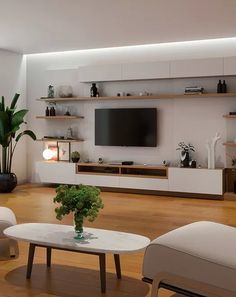 a living room filled with furniture and a flat screen tv mounted on a wall above it