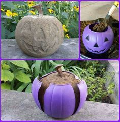 four pictures of pumpkins with faces painted on them, one is purple and the other is brown