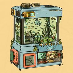 a drawing of an arcade machine with fish in it