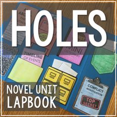 the title for holes novel unit lapbook on a wooden table with several pieces of paper