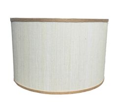 a white lampshade with a brown trim around the top and bottom part, on a white background