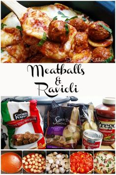 meatballs and ravioli collage with text overlay