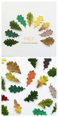 an image of fall leaves made out of crochet yarn and felt with text overlay that says free in the yarn garden