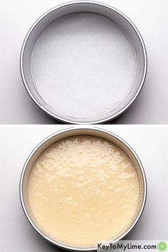 two pictures showing how to make cake batter in one pan and the other half empty