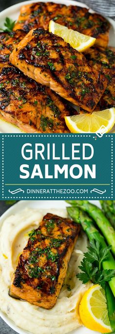 grilled salmon on a plate with mashed potatoes and asparagus