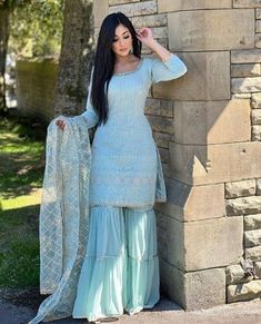 Blue Sharara, Top Fabrics, Orang India, Pakistani Party Wear Dresses, Sharara Designs, Desi Outfits, Pani Puri, Pakistani Party Wear, Punjabi Outfits