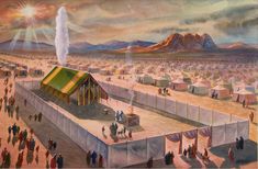 an artist's rendering of a desert town with mountains in the background and people walking around