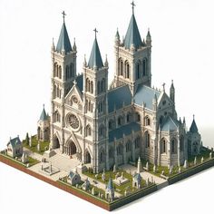 an architectural model of a cathedral with blue roof tops