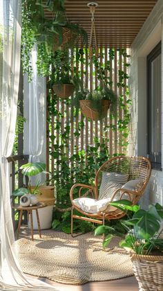 an outdoor patio with plants and wicker furniture on the porch, covered by sheer curtains