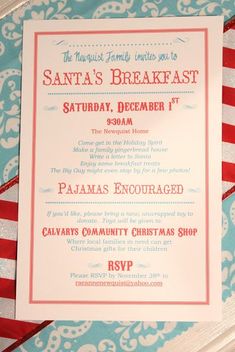 a red, white and blue christmas themed breakfast party is on display at the santa's breakfast