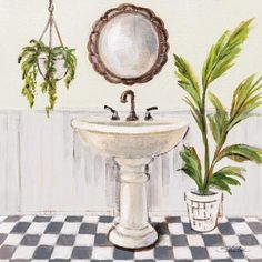 a painting of a bathroom sink with plants in the corner and potted plant next to it