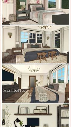 three different views of a bedroom with furniture