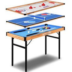 two tables with ping pong and air hockeys on each table, one is blue