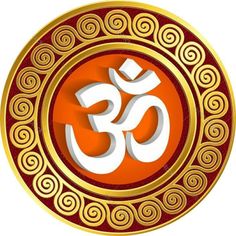 an orange and gold omen symbol with swirls around it