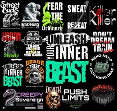 an image of some type of stickers on a black background with the words beast written in different languages