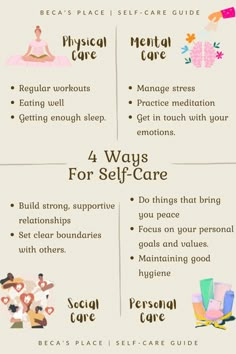 Take care of yourself with these 4 essential steps for self-care: physical wellness, mental balance, emotional health, and personal growth. Start prioritizing your well-being today! 💆‍♀️✨🌿 Self Care Steps, Self Care Categories, Taking Better Care Of Yourself, How To Treat Yourself, How To Start Taking Care Of Yourself, How To Be Okay, How To Take Care Of Yourself, Self Care Collage