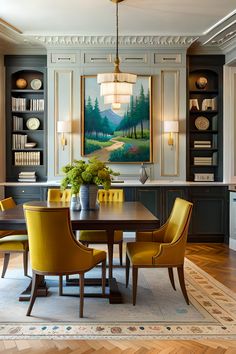 a dining room table with yellow chairs and a large painting on the wall behind it