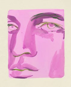 a painting of a man's face in pink and green colors, with one eye partially closed