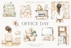 watercolor illustrations of office day with woman sitting at desk, computer and bookshelf