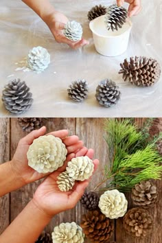 pine cones are being used as decorations for the christmas tree, and then placed on top of