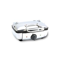 an image of a white toaster with the lid open and handle on it's side