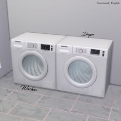 two washing machines sitting side by side in a room with tile flooring and white walls