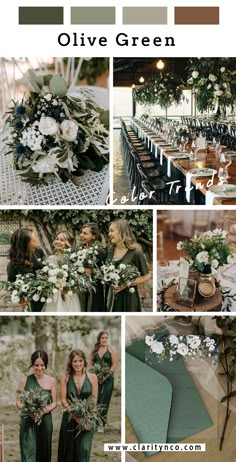 the wedding color scheme for olive green is shown in several different colors, including white flowers and greenery