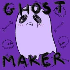 the ghost maker is depicted on a purple background with skulls and bones around it's eyes