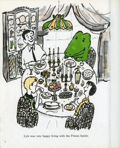 a cartoon drawing of a family sitting at a table with a frog on it's head