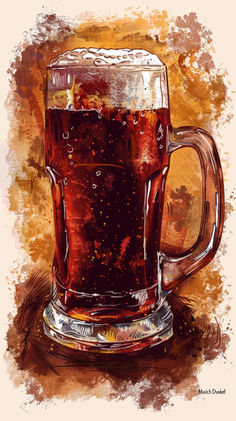 a painting of a mug of beer sitting on top of a table