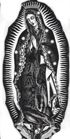 black and white drawing of the virgin mary