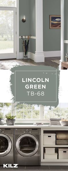 the kitchen and living room are painted in grays, greens, and browns with white trim