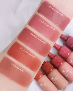 Ink Velvet Tint Swatches, Pink Shade Lipstick Colour, Peripera V Shading, Ink Lip Tint, Muted Red Lipstick, Peripera Ink Velvet Swatch, Lipstick Nude Shades, Pink Tone Makeup, Rosy Lipstick