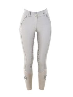 a woman's riding pants with white and grey details on the side, front view