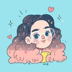 a drawing of a girl with glasses on her face and pink clouds in the background