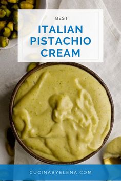 Pistachio cream on a small bowl. Italian Pistachio Dessert, Pistachio Pastry Cream Recipe, Pistachio Creme Patisserie, What To Do With Pistachio Cream, Diy Pistachio Cream, Pistachio Sauce Desserts, Homemade Pistachio Cream, Pistachio Cremeux Recipe, Pistachio Creme Recipes