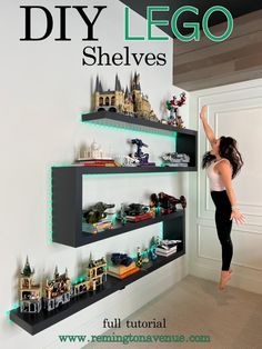 a woman standing in front of a shelf with legos on it and the words diy lego shelves