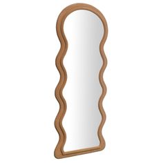 an oval shaped wooden mirror on a white background, with the reflection of it's wavy shape