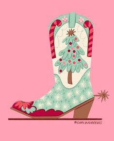 a cowboy boot with a christmas tree on the inside and stars around it, against a pink background