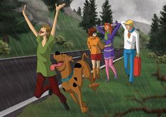 cartoon characters walking in the rain with their dogs