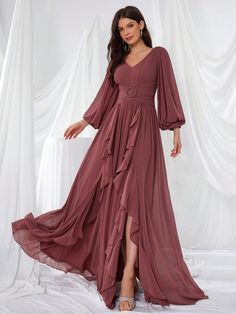 Long Flowy Robe, Long Sleeve Chiffon Dress, Lace Trim Dress, Pleated Bodice, Chiffon Long Sleeve, Evening Dresses Elegant, Chiffon Bridesmaid Dress, Bell Sleeve Dress