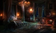 an old fashioned bedroom with chandelier, bed, and chair in it's dark room