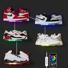 four pairs of sneakers are connected to an appliance with the same color light