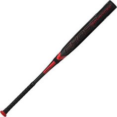 a baseball bat with red lettering on the bottom and black, red trimmings