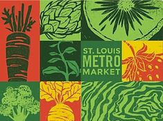 the st louis metro market poster shows vegetables and fruits in green, red, yellow, and orange colors